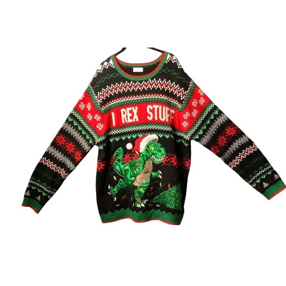 Festive Dinosaur Christmas Sweater T Rex Holiday Novelty Pullover Knit Men 2XL - Picture 1 of 5